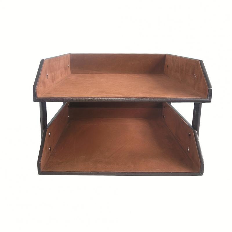 1 Black Brown Plain Double Layer Document Rack PU Leather Office File Storage File Tray