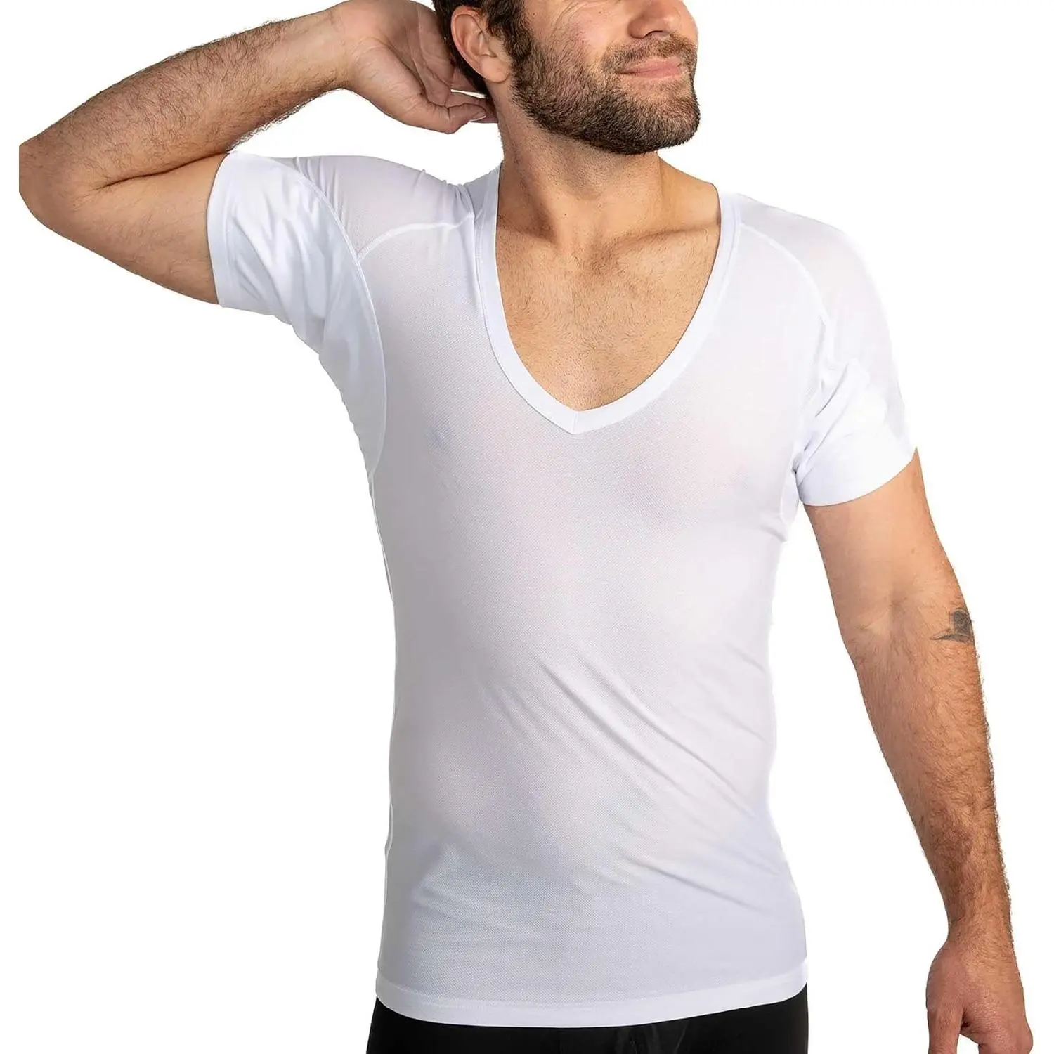 Men's Ultra Breathable Sweatproof Undershirt, Deep V Neck, Anti-Odor with Underarm Sweat Pads, Invisible Under Shirt(Gift)