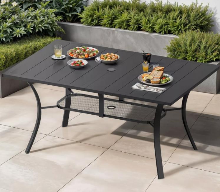 Yitahome  Square / Rectangle Patio Outdoor Dining Picnic Coffee Table Lawn w/ Umbrella Hole Beige Metal Frame Tempered Glass Top, Brown / Black