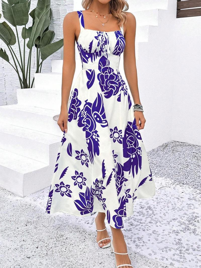 Elegant Women's Floral Print Wide Strap Dress, Backless Ruched Design, Sleeveless Long Dress for Vacation