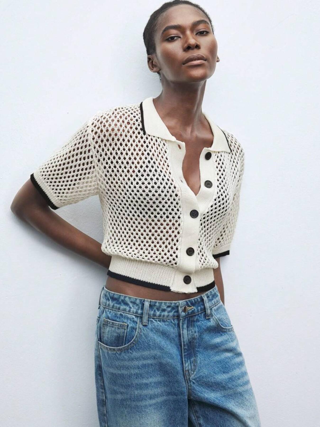 New Hollow-Out Knitwear, Women's Color-Block Short Sleeve Sweater, Elegant and Comfortable Polo Neck Top, Versatile Casual Wear