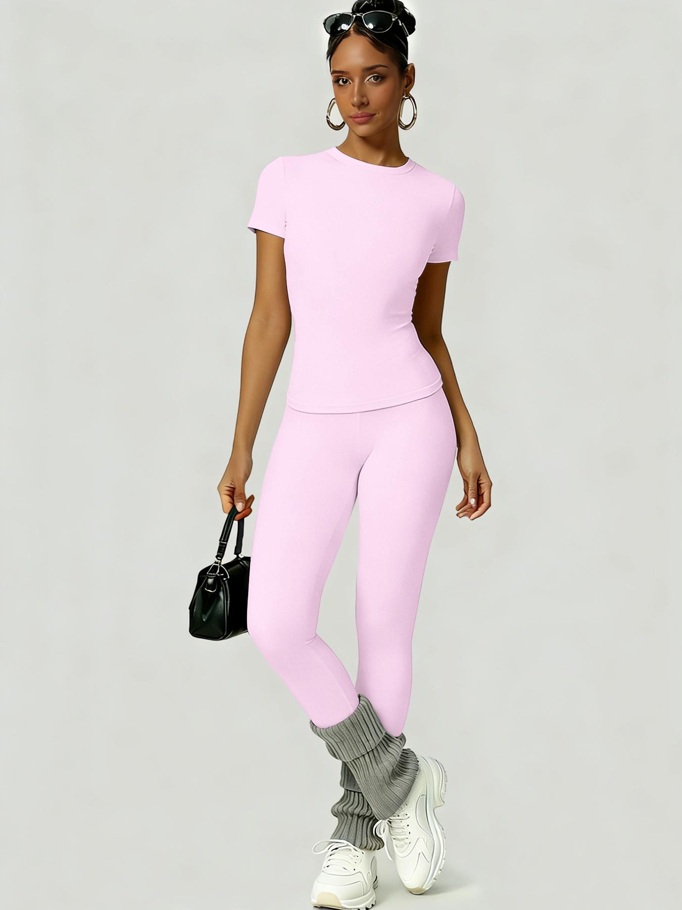 Women's Sporty Slim Fit High-Waisted Yoga Pants & Short Sleeve Round Neck Tee Set, Soft Breathable Activewear for Gym, Running and Outdoor Activities