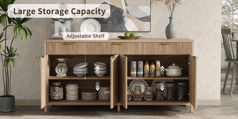 FUSOU 66" W Fluted Buffet Cabinet, Sideboard Storage Cabinet with 3 Drawers & 2 Cabinets, Mid-Century Coffee Bar Table for Living Room, Dinning Room, Natural