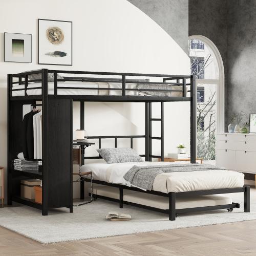 [Bellemave] Bunk Bed with Built-in Wardrobe, Metal Bunk Bed with Trundle, Foldable Desk, Ladders, Noise-reduced design, Black