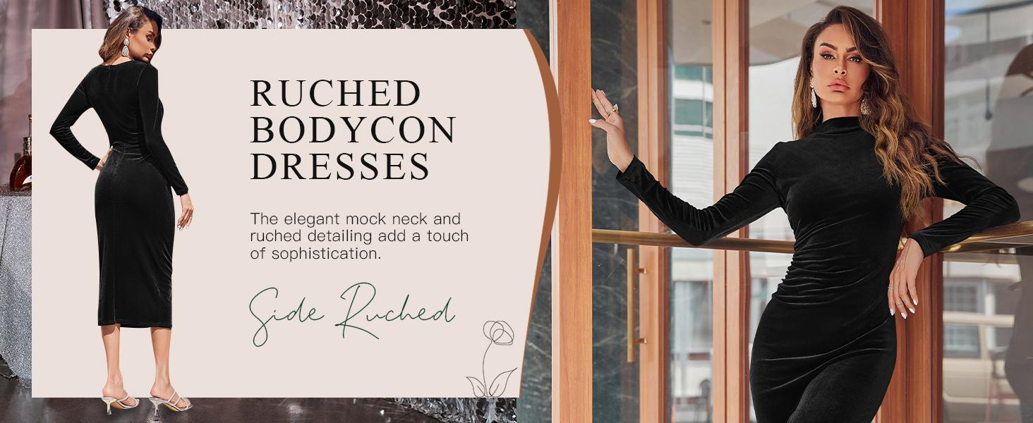 Wenrine Women's Velvet Bodycon Midi Dress Long Sleeve Ruched Elegant Cocktail Party Dresses