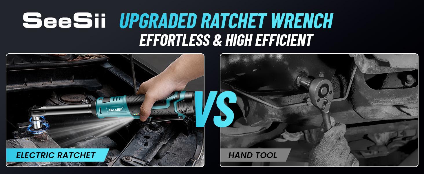 SEESII 3/8" Extended Cordless Ratchet Wrench – 40 Ft-lbs Torque, 6" Long Neck, 220RPM | 2x 2.0Ah Batteries + Fast Charger, 7 Sockets | Ideal for Car Repairs, DIY & Mechanics, Black Friday Deals