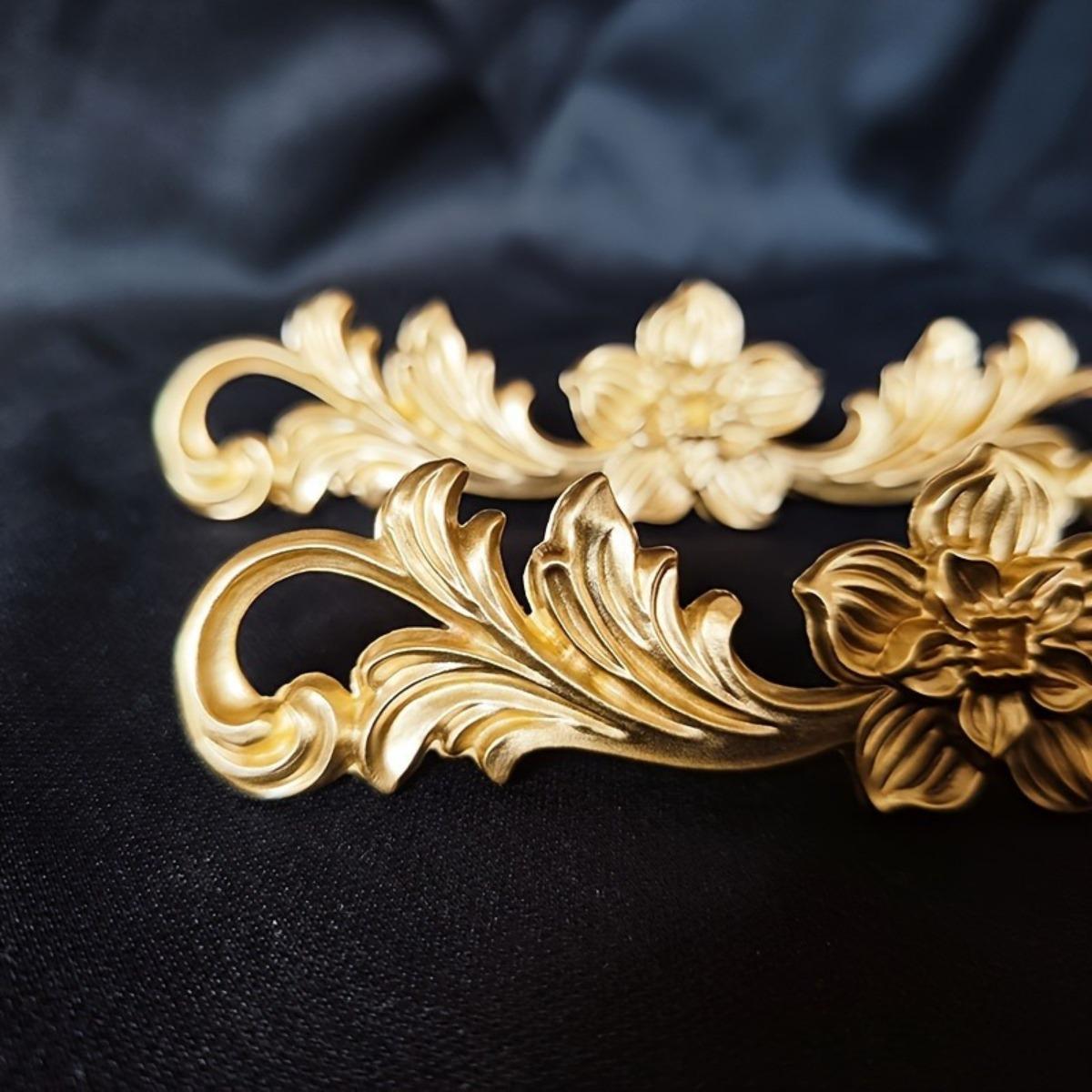 2PCS Gold Floral Engraved Cabinet Pulls, Luxury Metal Branch Texture Door Handles, Bright Gold Light Luxury Drawer and Wardrobe Handles for Modern Vintage Kitchen Cabinet Dresser Furniture Hardware
