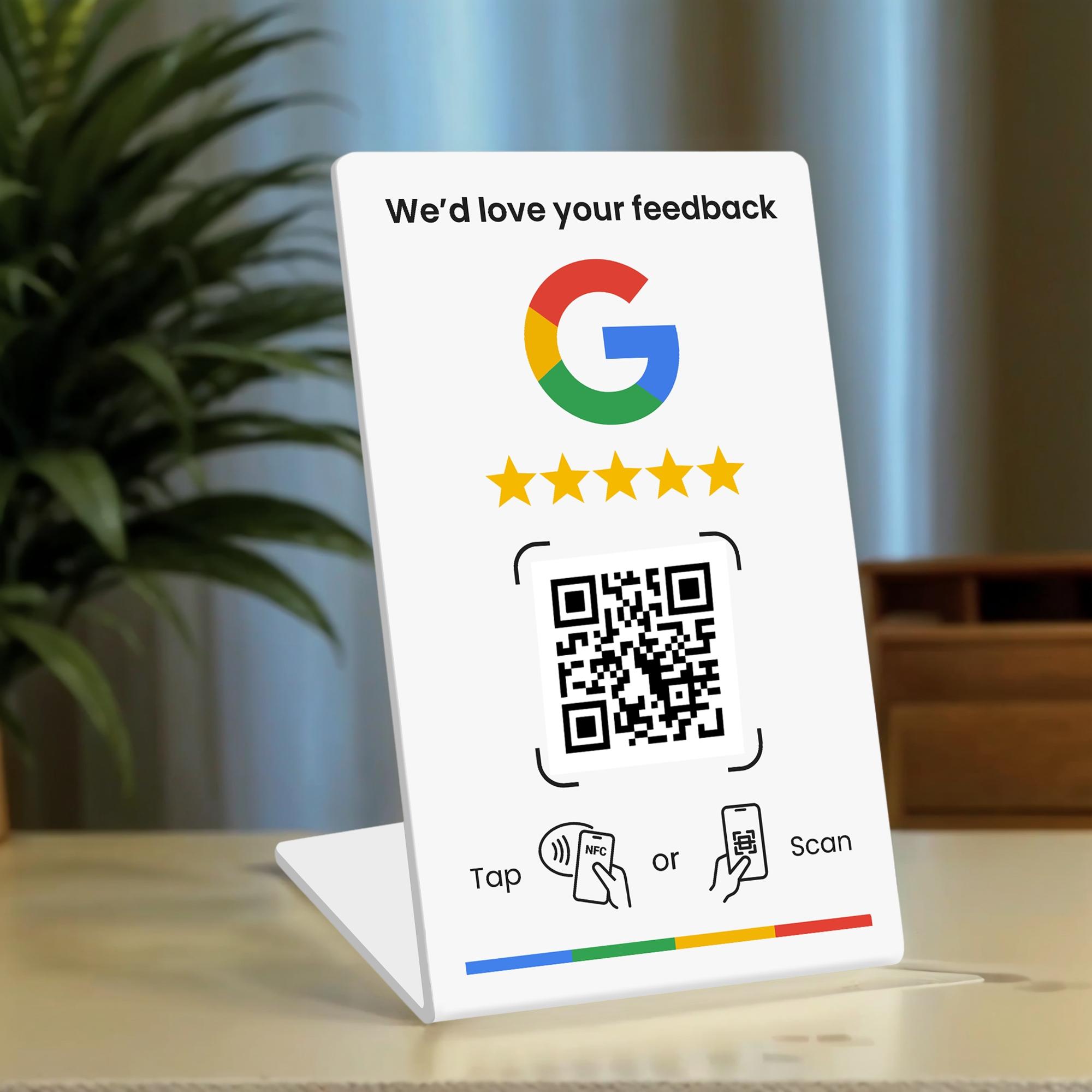 Review Business Stand for Google, NFC Tap & Dynamic QR Code, Easy Setup with Review Link Management, No APP Required, Review Us On Google , Review Sign,five-star rating  for  NFC Rating Card Stand, Flexible Design, Office Desk Accessories