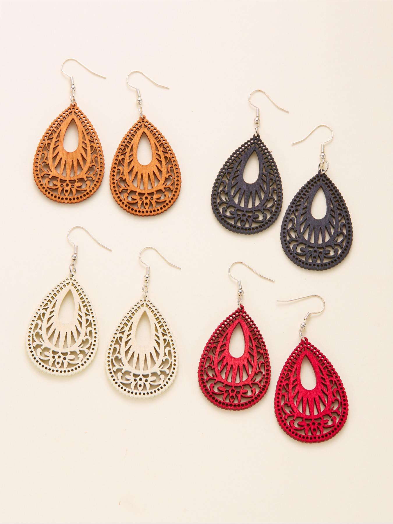 4 Pair Boho Hollow out Design Wooden Dangle Earrings, Vintage Style Water Drop Ear Jewelry for Women, Casual Jewelry for Party, Daily Clothing Decor