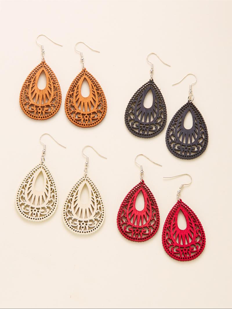 4 Pair Boho Hollow out Design Wooden Dangle Earrings, Vintage Style Water Drop Ear Jewelry for Women, Casual Jewelry for Party, Daily Clothing Decor