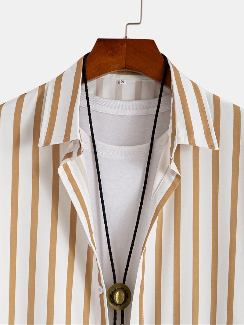 Men's Colorblock Striped Print Button Front Shirt & Shorts Set, Casual Short Sleeve Collared Top & Shorts, Men's Summer Clothes for Beach Vacation