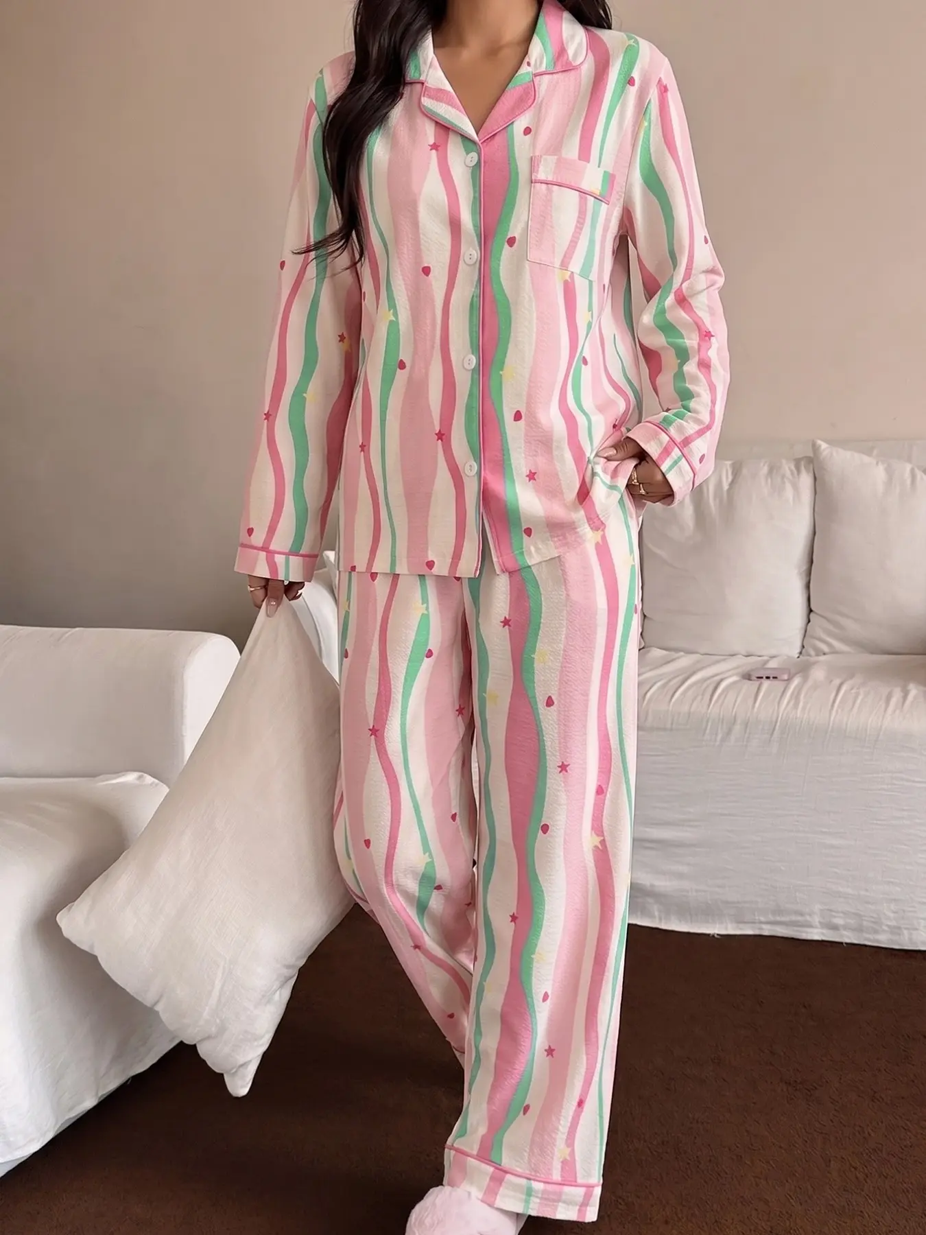 Women's Pajama Set, Striped Long Sleeve Top & Loose Fit Pants, Fall Winter Casual Sleepwear, Home Wear, Comfortable Nightwear, Loungewear