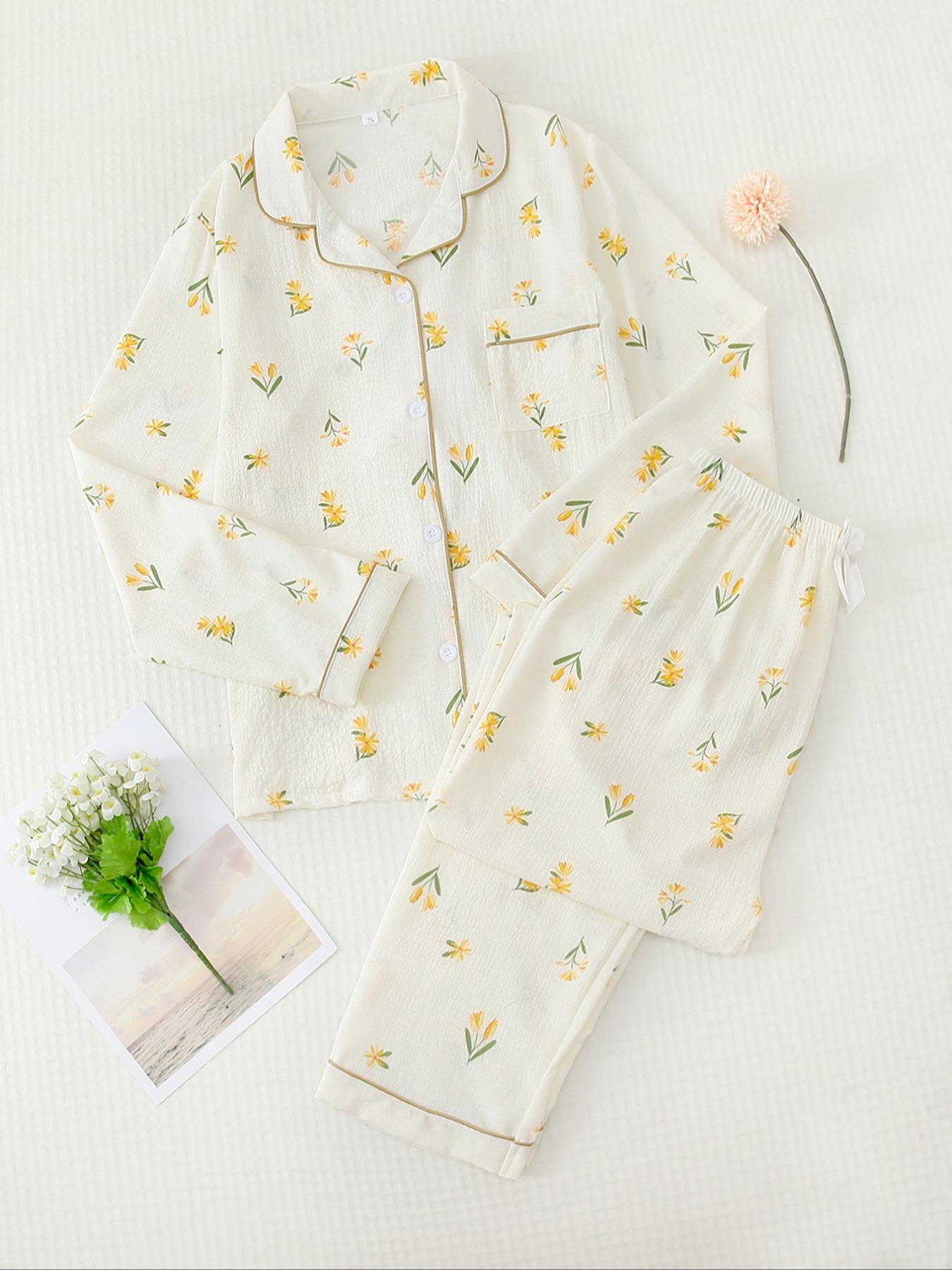 Women's Button Front Blouse & Bow Front Contrast Binding Pants Pyjama Set, Casual Long Sleeve Lapel Top & Trousers, Summer Outfits 2024, Sleepwear for Spring & Fall, National Day Offers