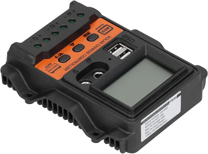 Industrial Grade MCU Control Solar Panel Charge Controller - 12V/24V Auto Mode, 2.5A USB Output, 3-Stage Charging Manag., Anti-Backflow Circuit, Self-Recovery, Ultra-Low Heat Generation, 4.4*4.9in Compact Large LCD Screen for RV, Home Use (Single Unit)