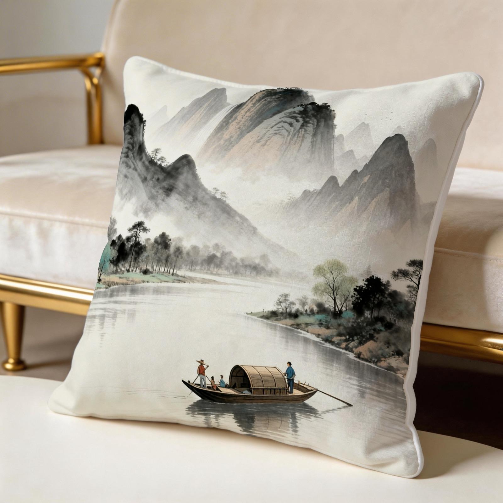 1 Pack 18×18 Inch Asian Ink Wash Landscape Throw Pillow, Mountain Scenery Print Decorative Accent Cushion, HD Digital Print Zippered Pillowcase, Non-Fade Home Decor Cushion for Sofa, Bed, Living Room, Bedroom