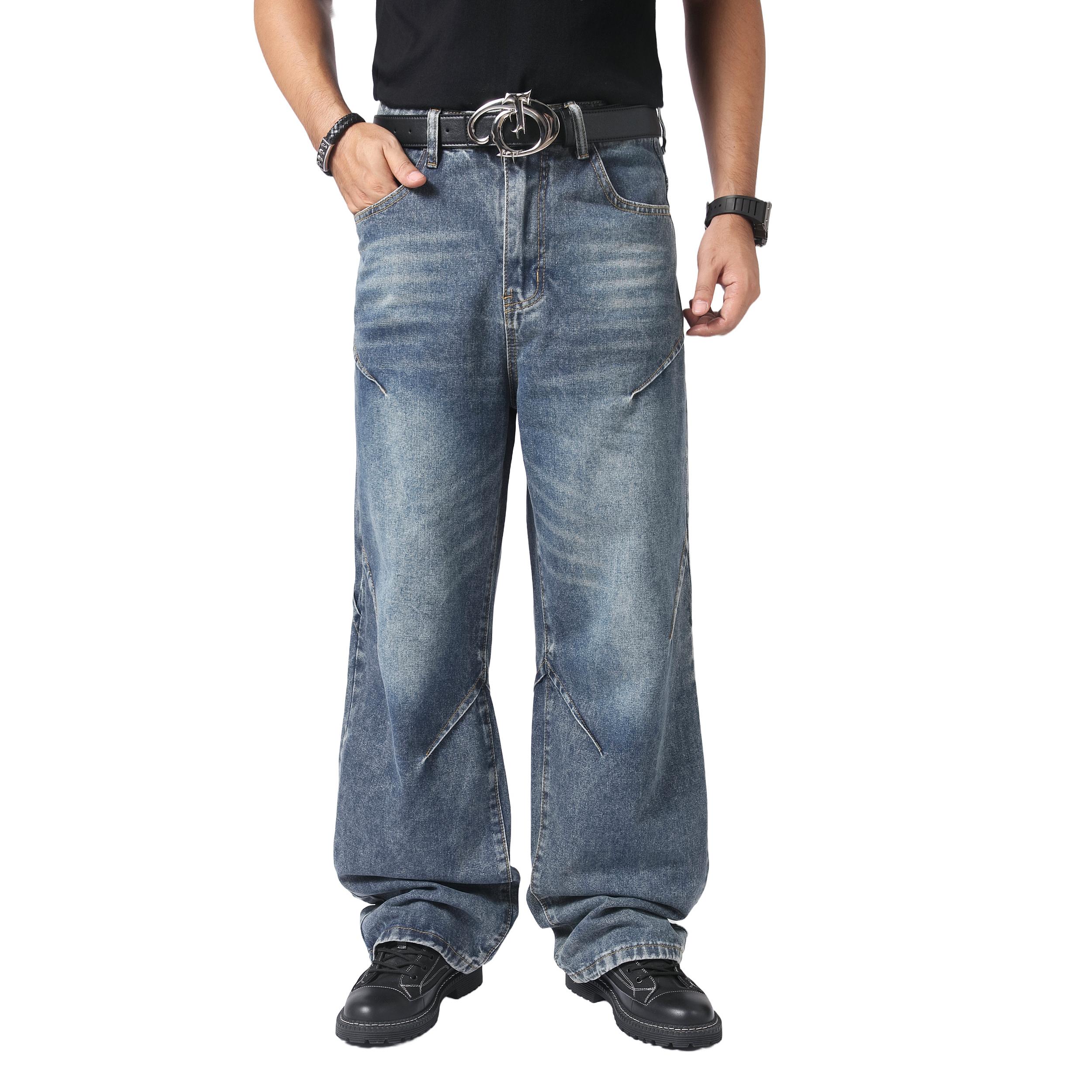 JUNBAOSS Men's Baggy Hip Hop Jeans Y2K Casual Vintage Wide Leg Skater Denim Pants Loose Fit Long Trousers 2000s Streetwear Mens Irregular Sutures Skateboard Steampunk Baggy Jeans Plain Pants Pockets