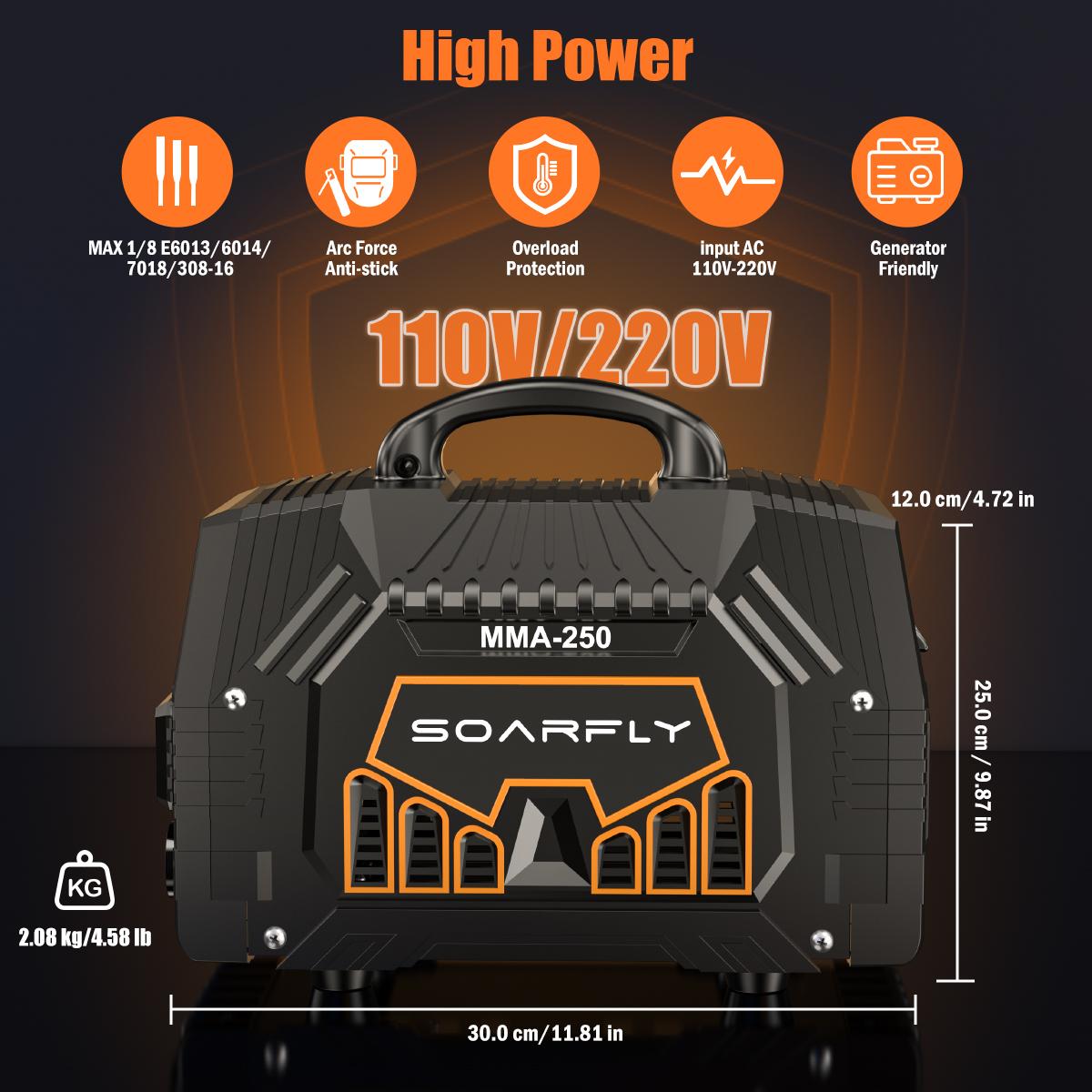 SOARFLY 110/220V 250A Welder Machine With Large LED Display, 5000 Watt Mini-Welder With Electrode Clamps, Earth Clamp, Wire Brushes, Rods And Gloves