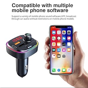 Black Car Bluetooth FM Transmitter Car Accessories - 12V-24V Vehicle Adapter with 3 USB Ports, 18W, BT5.0 Stable Link, 6 Visual EQ Modes, 5V/1A USB Flash Drive Support, Hands-Free Calling, 7-Color LED Backlit, TF Card Compatibility, MP3 Player