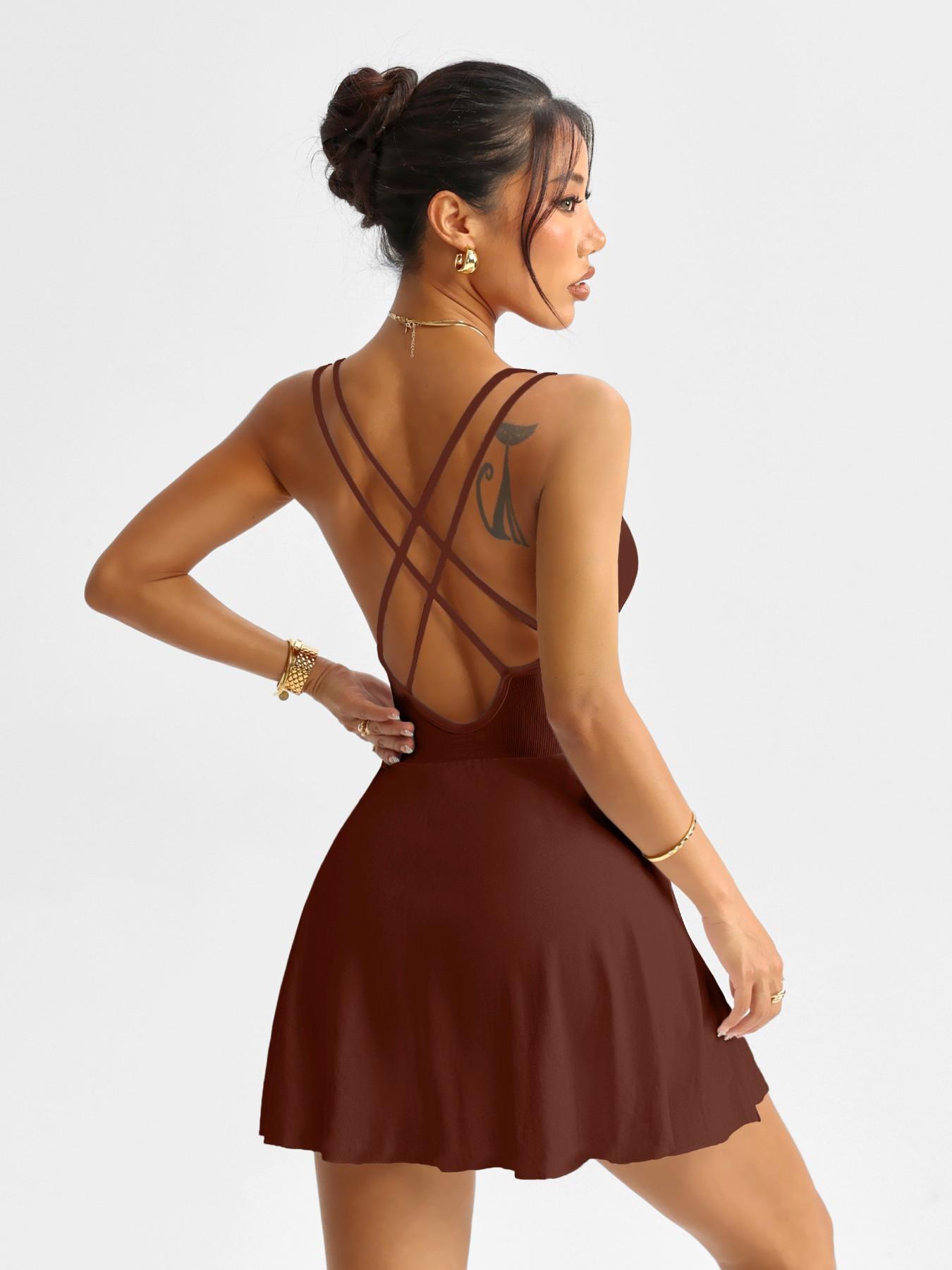 Multi-Functional Women's Sport Dress Criss Cross Back Design, Removable Padding, Anti-See Through Yoga Skirt with Shorts, Backless Sports Dress