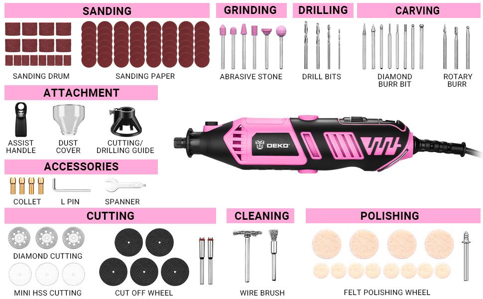 Rotary Tool Kit: DEKO 170W Mini Electric Handheld Engraving Tool For Wood/Metal, Electric Grinder Drill Set With Flex Shaft For Carving, Cutting, Sanding, Polishing, Grinding, And Engraving (Pink)