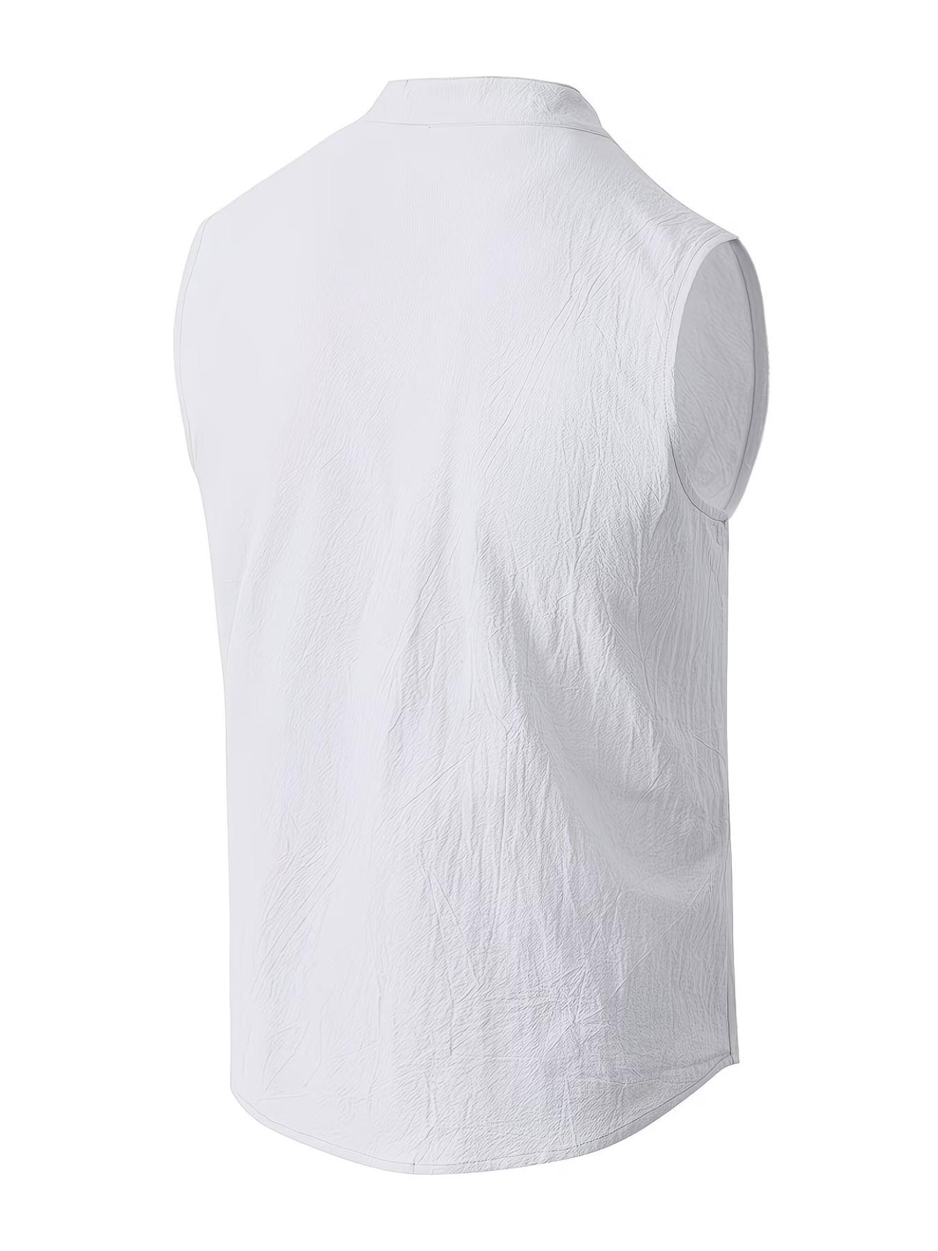Men's Stand Collar Henry Neck Sleeveless Shirt, Breathable Linen Texture, Loose Fit, Casual Summer Commute Top, European Style