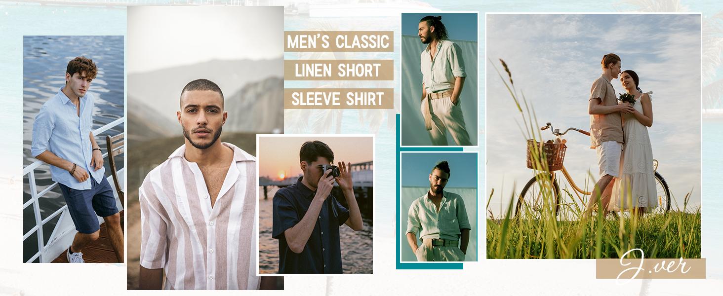 2-PACK Alimens&Gentle Men's Cotton Linen Short Sleeve Shirts Casual Lightweight Button Down Shirts Vacation Beach Summer Tops with Pocket