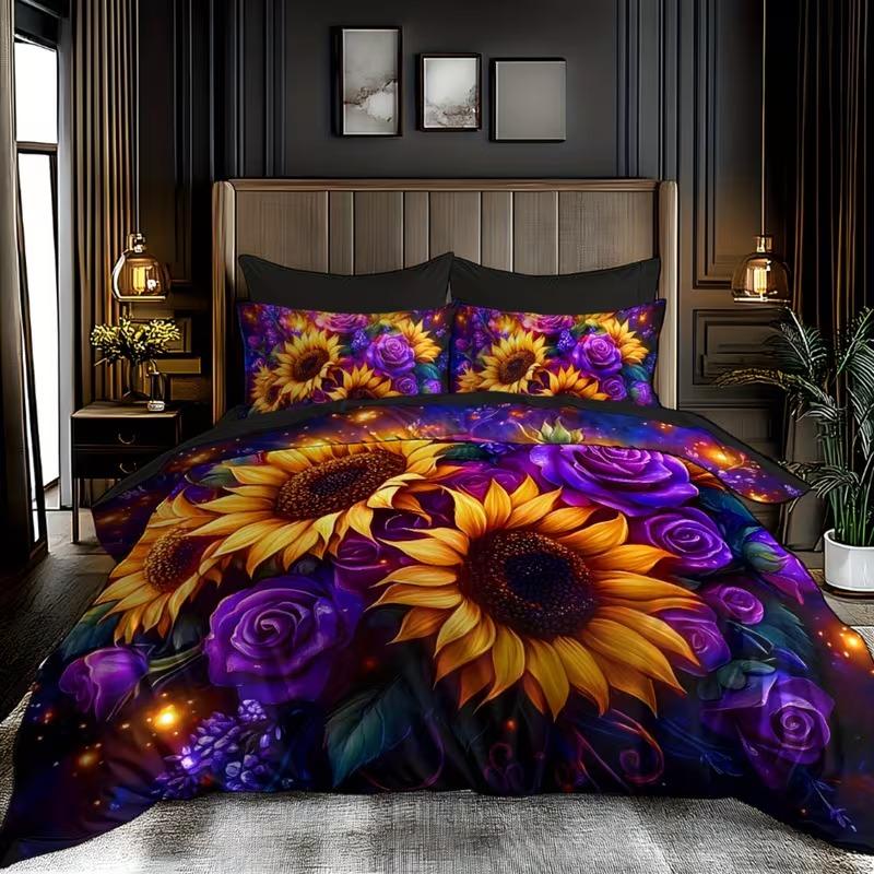 3pcs Bedding Set Sunflower Design, Decorative Bedding Set, Soft Bedding Sets, Soft Polyester Flannel Printed Duvet Cover Set, Suitable for Bedroom Hotel Valentine's Gift