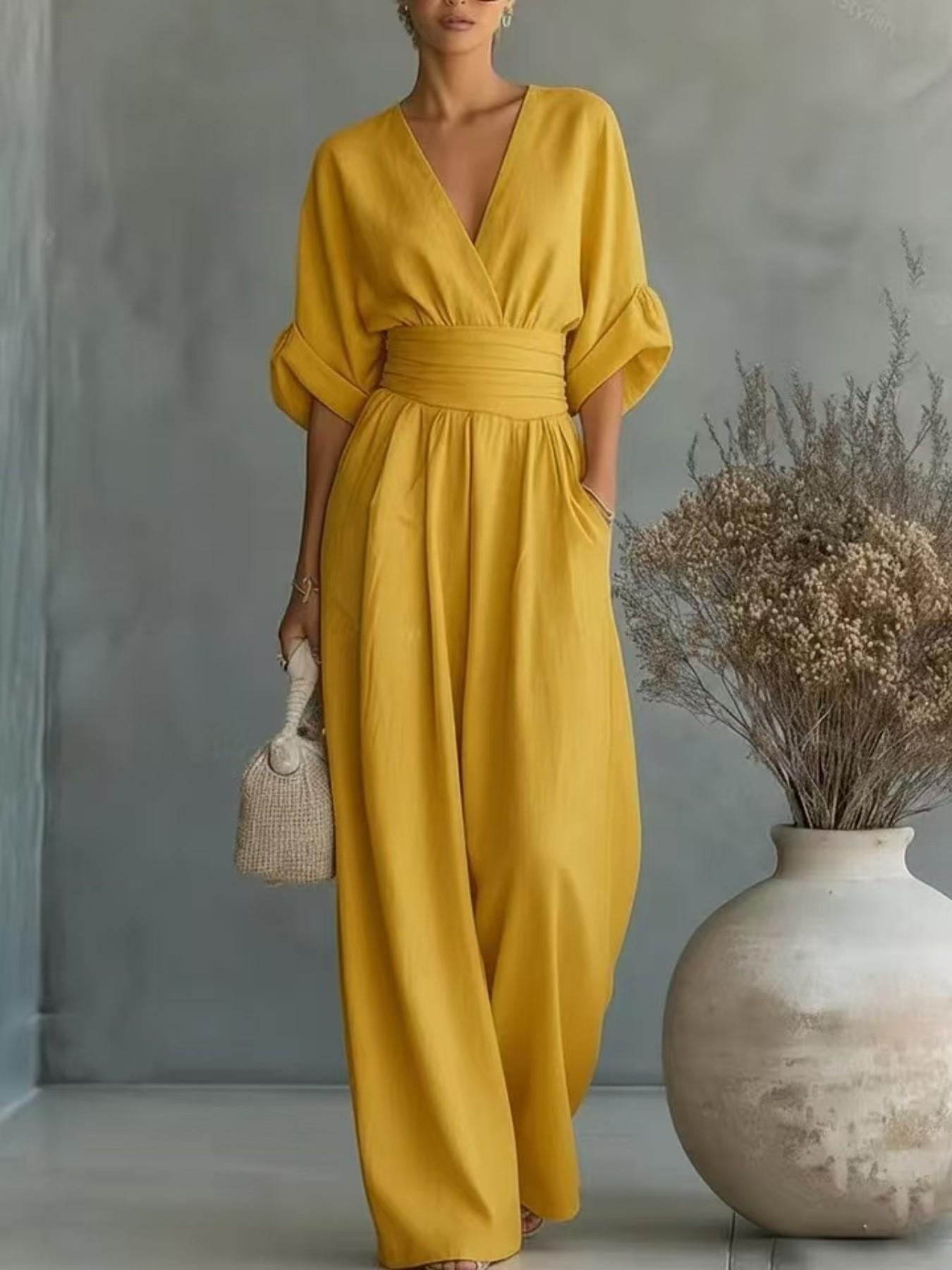 2026 Spring Summer Women's Jumpsuit, Elegant V Neck Batwing Waist Slim Fit, Minimalist Casual Breathable Lightweight Solid Color Fashion Romper, Ladies One Piece Pants