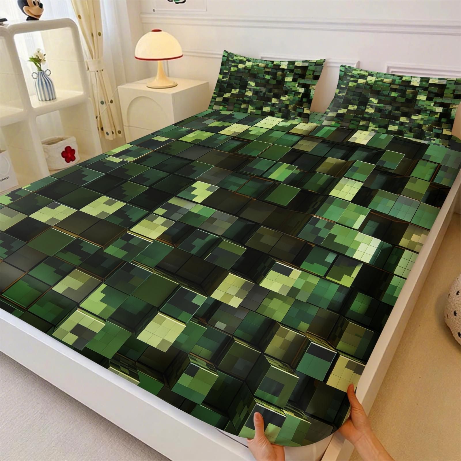 Deep Sea Neon Cube 3D Visual Fitted Sheet Set & 2 Pillowcases No Core, Blue Metallic or Glass Reflective Textures Square Matrix Blocks Design, Soft Wrinkle-Resistant, Futuristic Bedroom Decor, Gift Choice