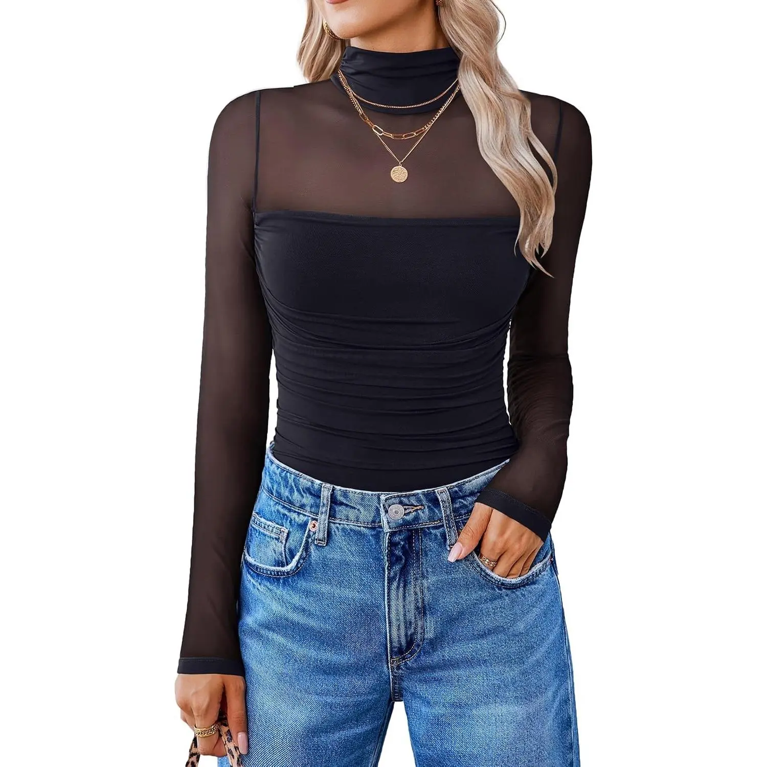 Women's Long Sleeve Turtleneck Mesh Shapewear Bodysuit One Piece Leotard Top Going Out Fall OutfitGift