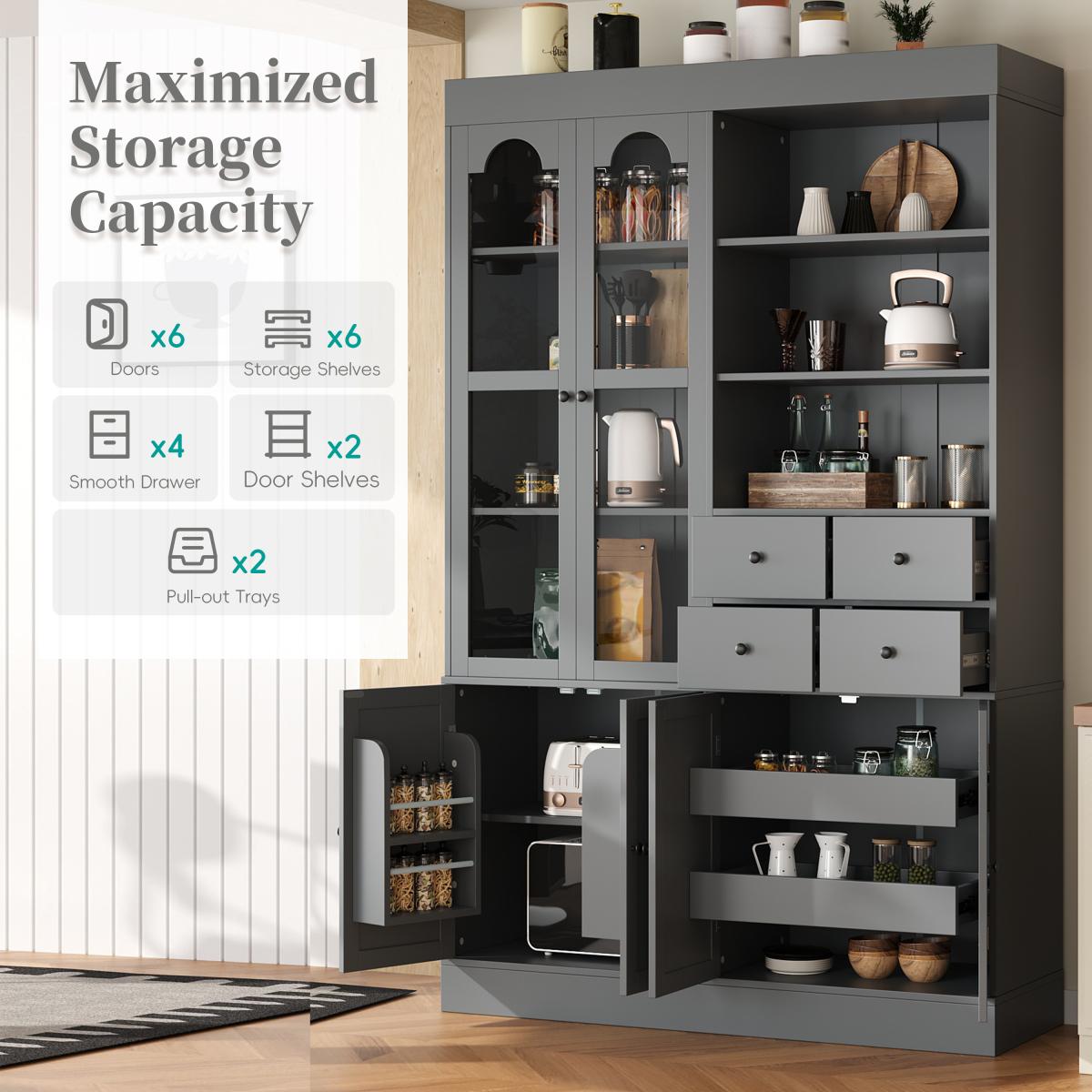 [Assembly Video Provided]  47.2x15.7x75inch Freestanding Buffet with Hutch, Tall Kitchen Pantry Cabinet with 4 Drawers, Door Shelves and Pull-out Trays for Dining room, Living Room, Gray