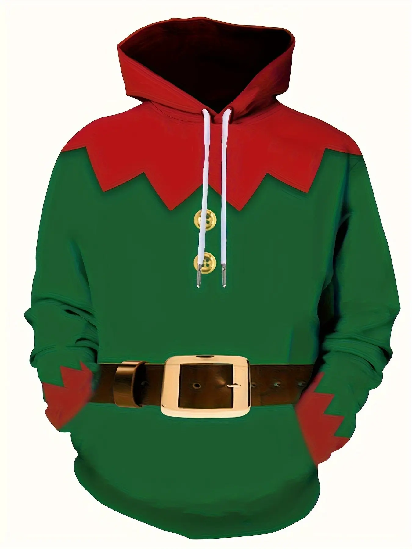 Novelty Santa Outfit Graphic Hoodie for Men, Christmas Fake Belt Design Drawstring Pocket Pullover, Xmas Party Casual Sweatshirt