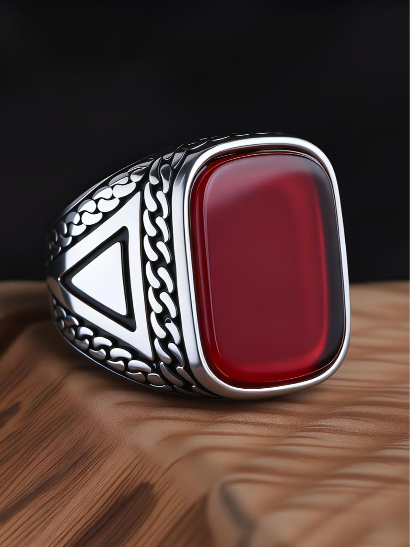 Tribal Style Men's Blue Ring, 316L Stainless Steel, Inlaid with Square Agate, Simple and Grand