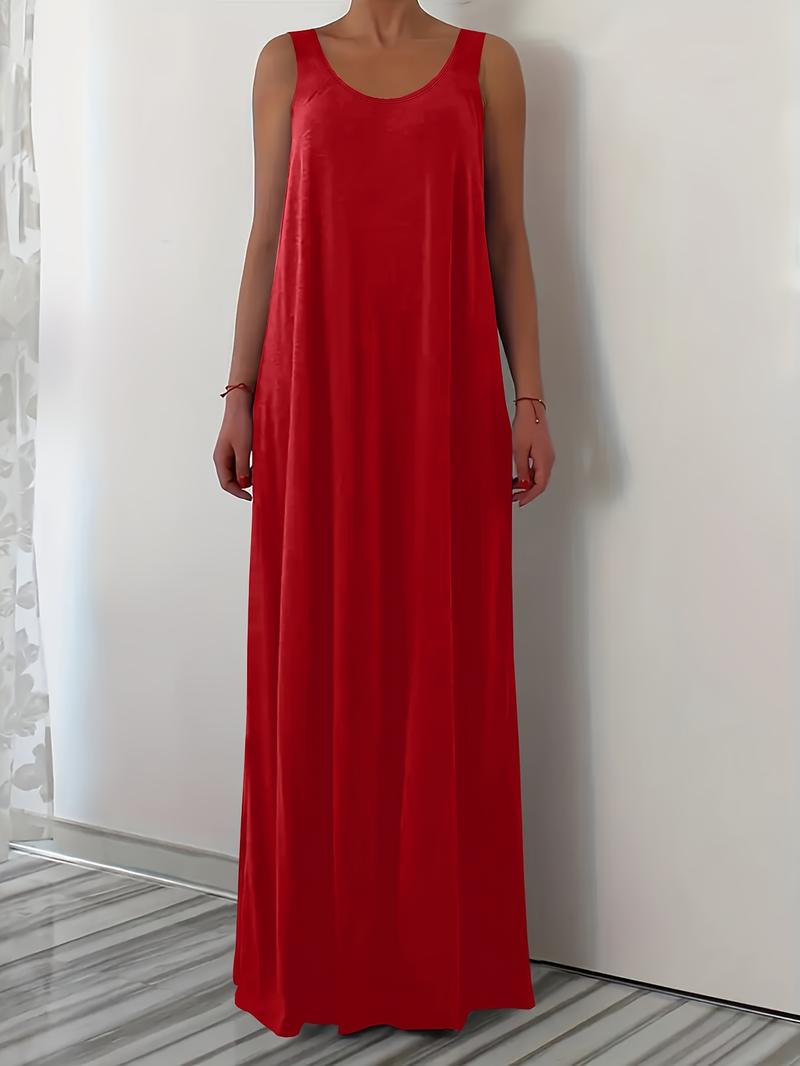 Elegant Plus Size Women's Sleeveless Round Neck Plain Vest Dress, Casual Home Wear, Comfortable Fit, Multiple Colors Available