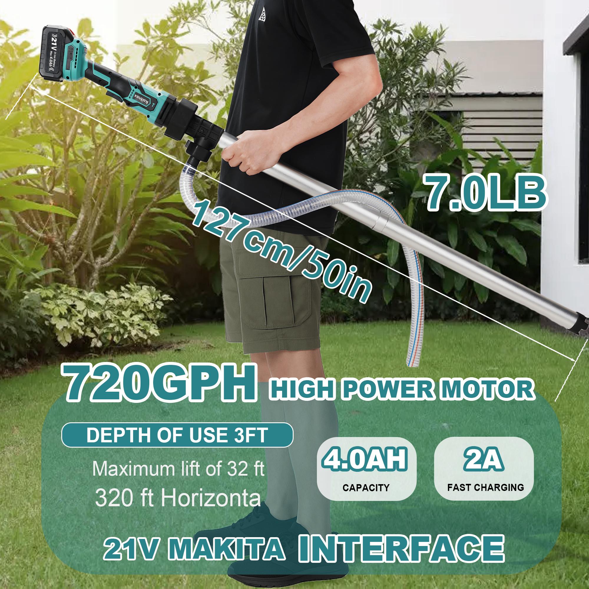 Kaitnax Cordless Stick Water Transfer Pump, with 4000mAh 21V Battery & Charger, 720GPH, 32FT Head, Handheld Portable Utility Sump Pump Kit with 3/4" Outlet for Pool/Garden/Pond/RV/Boat Draining