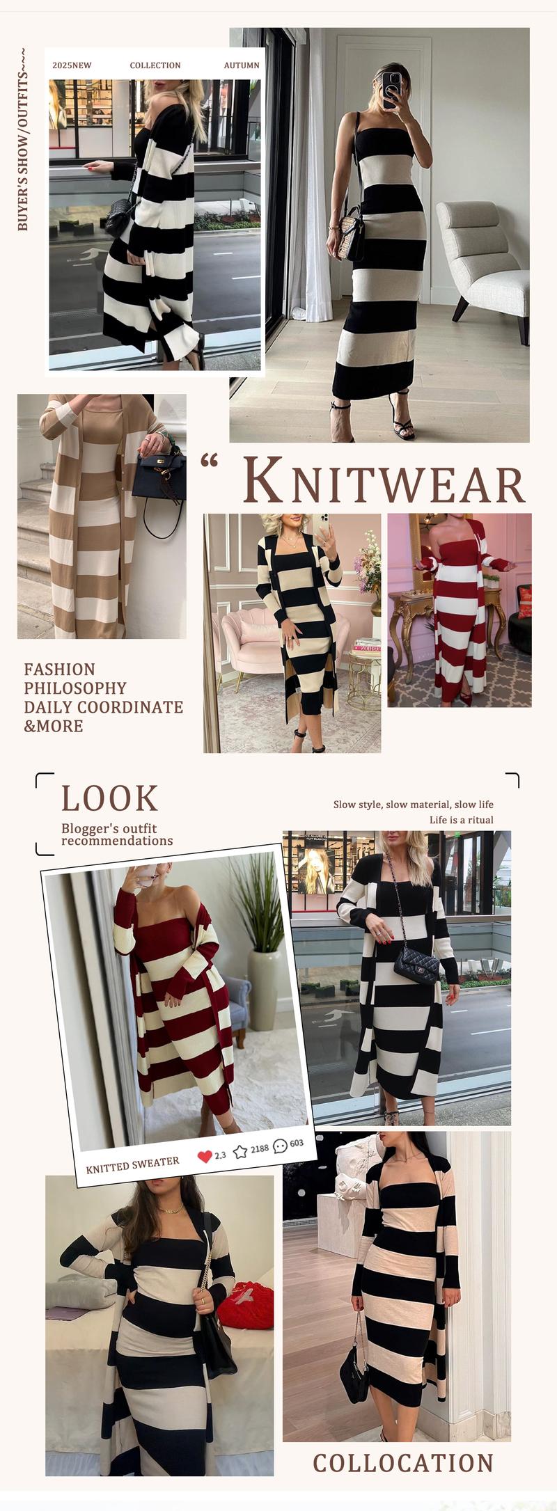 Women's Striped Print Button Front Longline Cardigan & Tube Dress Two-piece Set, Casual Long Sleeve Outerwear & Strapless Long Dress for Daily Wear, Casual Chic Dress, Ladies Two-piece Outfits for All Seasons