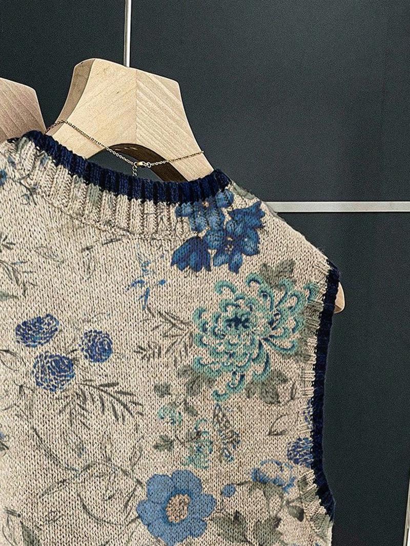 Women's Casual Loose-Fitting Round Neck Sleeveless Knit Top, Casual Comfy Vests, Deep Blue Color Block Print, Fall & Winter Fashion, Outerwear