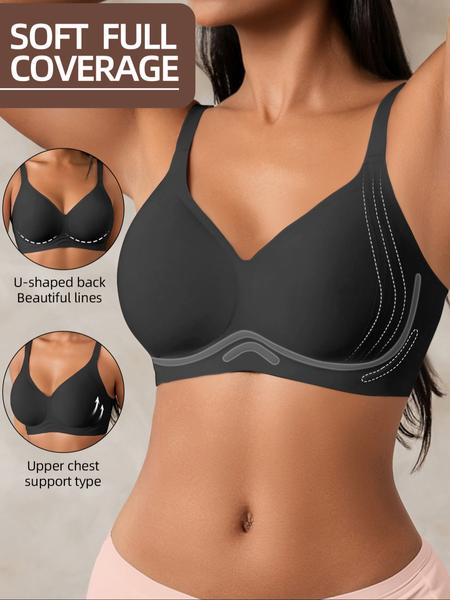 Women's Deep V Wireless Jelly Bra, Wide Shoulder Straps, Removable Pads, Medium Support, Casual Plain Design, All Seasons