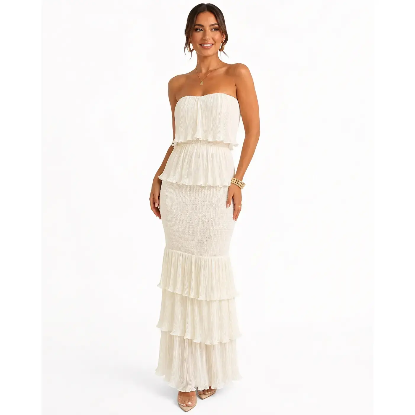 White Strapless Shirred Ruffle maxi dress for Women, Bandeau Layered Hem white dress, wedding guest dresses for Bridal Shower, Party and Formal Occasion