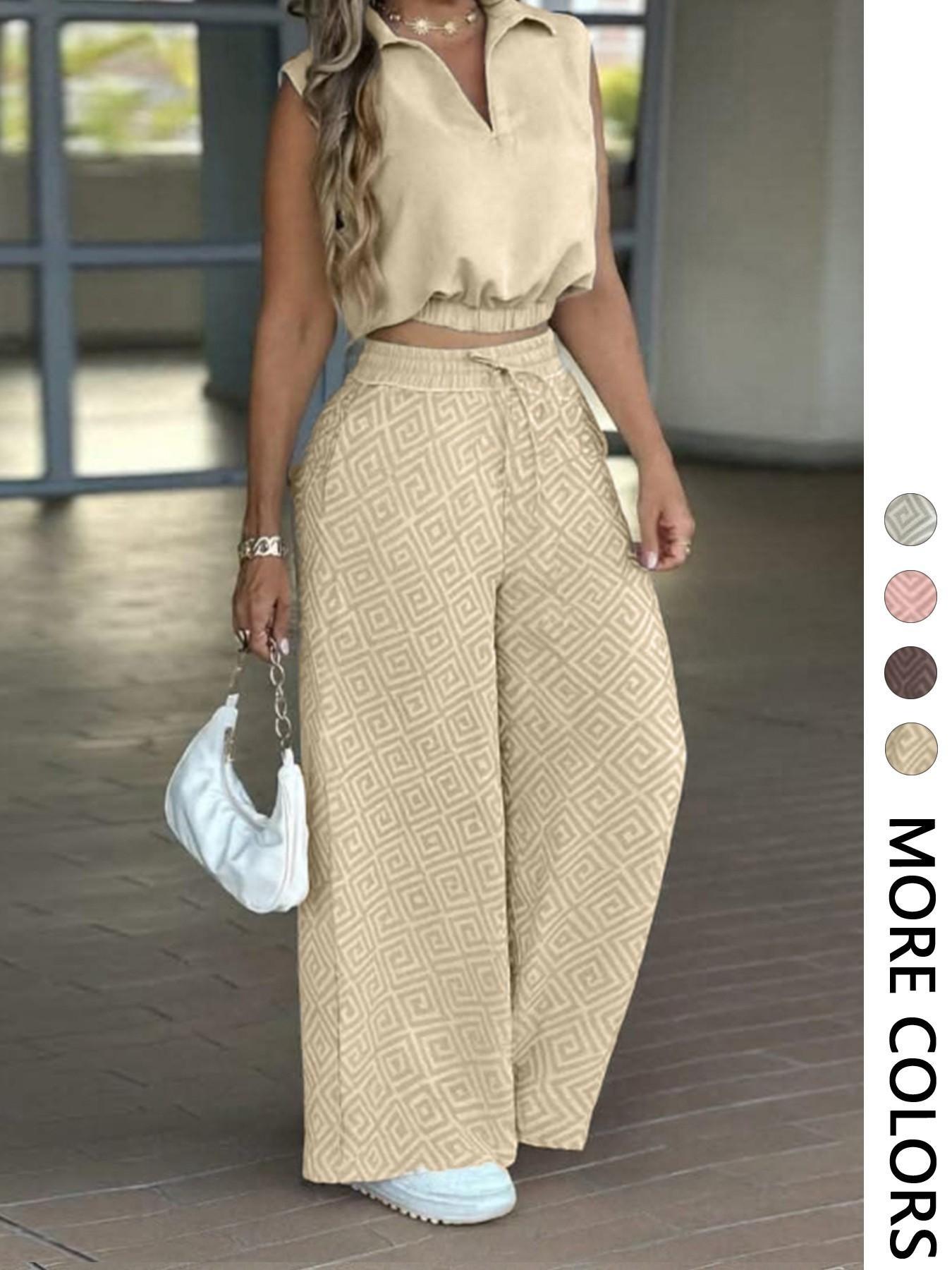 2-Piece Women's Casual Commuter Set, Womenswear Sleeveless Collared Waist-Defined Top with High-Waisted Drawstring Adjustable Wide-Leg Pants 2-Piece Women's Casual Commuter Set, Womenswear Sleeveless Collared Waist-Defined Top with High-Waisted Drawstring Adjustable Wide-Leg Pants