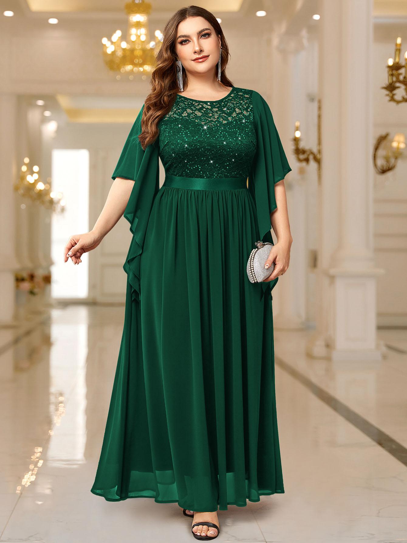 Miusol P83099 Plus Size Women's Sequin Floral Lace Chiffon Flare Sleeve Formal Dress Elegant Evening Gown All Seasons Party dress,Evening dress Normal Type  Womenswear Maxi Dress SpringStatements