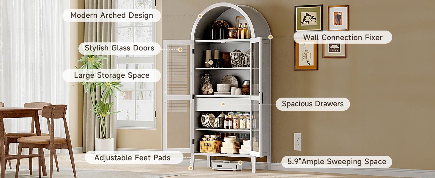 【SPOTLIGHT DAY】ONBRILL 71" Tall Arched Cabinet, 5-Tier Arched Kitchen Pantry with Glass Doors & Drawer, Modern Display Pantry Cabinets with Adjustable Feet, Wooden Pantry for Kitchen, Living & Dining Room, White