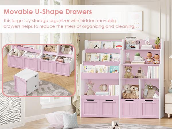 FOTOSOK Kids Bookshelf, Toy Storage Organizer, Large Toy Organizer with 4 Movable Drawers and 3 Storage Cubbies, Book Shelf for Kids Room