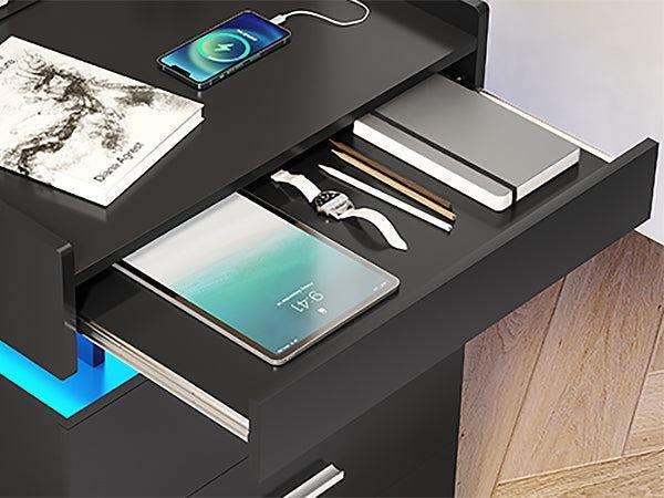 Sikaic Large Nightstand With Charging Station And LED Lights Furniture Bedroom Table Drawer