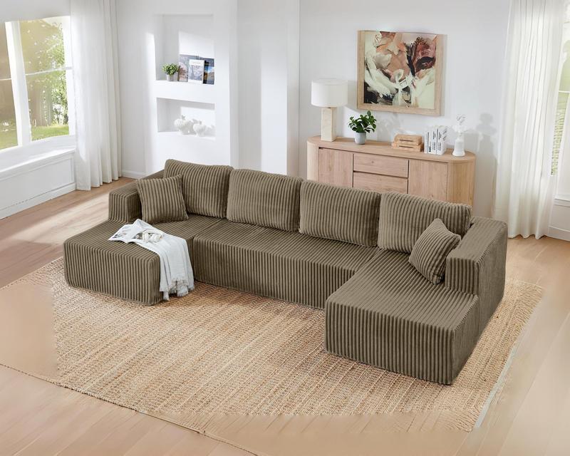 [3 or 2 Packages Shipped] [Christmas] Niccae U-shaped Modular Sectional Sofa, Compressed Corduroy Fabric, Modern Style Living Room Sofa Bed, Space-Saving Recliner Design - Convertible Corduroy Sectional Sofa