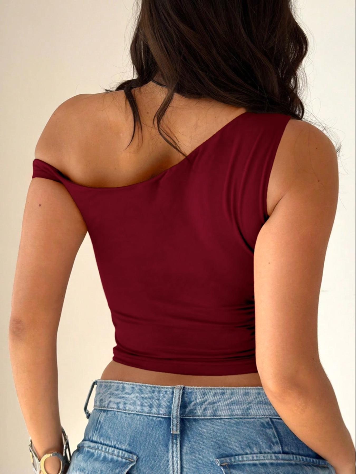One Shoulder Women Top Sexy Off Shoulder Asymmetrical Neck Slim Fit Stretch Ruched Side Bodycon Tee Shirt Solid Wine Red Burgundy Y2K Going Out Party Club Night Out Date Casual Streetwear Summer Fall Fashion