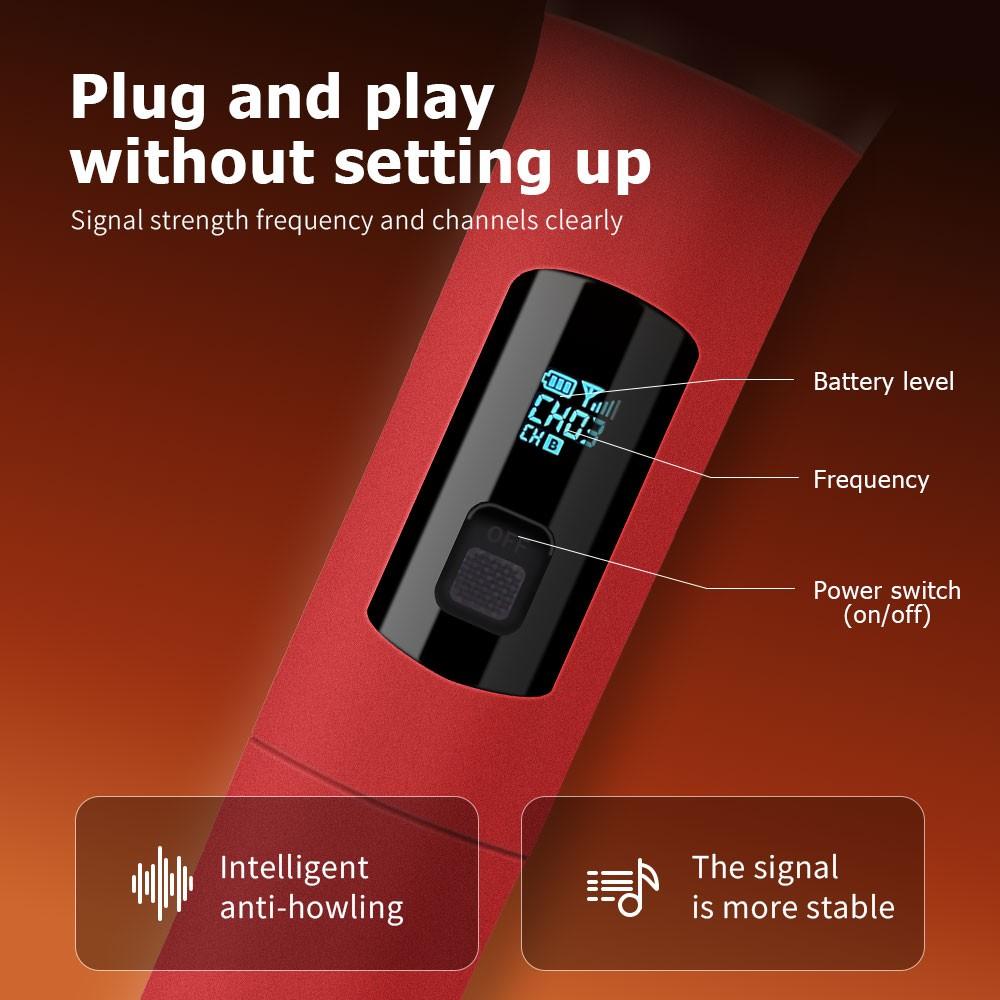 LMBGM  Dynamic Wireless Microphone, Leather-Touch Grip & Anti-Howling Clear Sound, Plug & Play 30m Stable Transmission, With LCD Display Mic & 6.35mm Receiver, Perfect for Home KTV, PA Speakers, DJ Mixers, Parties & Events.