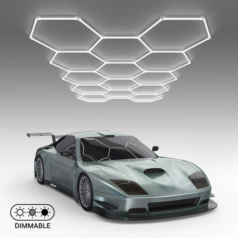 HYPERLITE hexagon LED lights, offering  9900/15840/30360/38280/60720 LM hexagon lights brightness for garage detailing, gyms, and shops Honeycomb Lights, with 3-level dimming control led hexagon lights,Adjustable Lighting，Jumpstart newyear