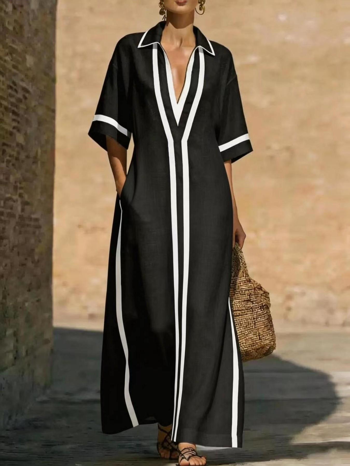 Women's New Kaftan with Pockets, Loose-Fit Striped Print Long Dress, Half Sleeve & Deep V Neck Design, Casual Boho Chic Summer Dress, Bohemian Casual Fashion for Beach and Vacation, Boho Style Dress