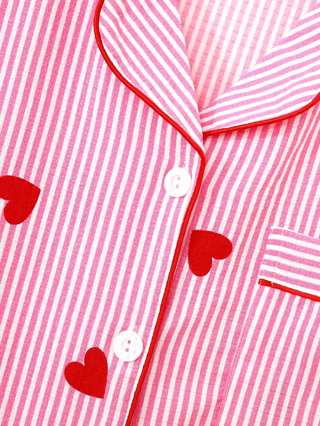 Women's Sleepwear Set, Short Sleeve Cardigan Top + Shorts + Long Pants, Striped Heart Print, Casual Fitted Style, All over Print
